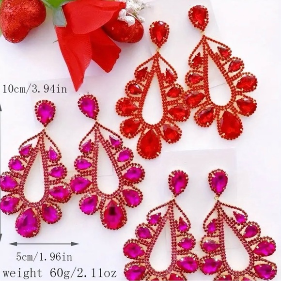 NWT Exaggerated Teardrop Shape Earrings With Gemstones. Red and Pink - Picture 4 of 4